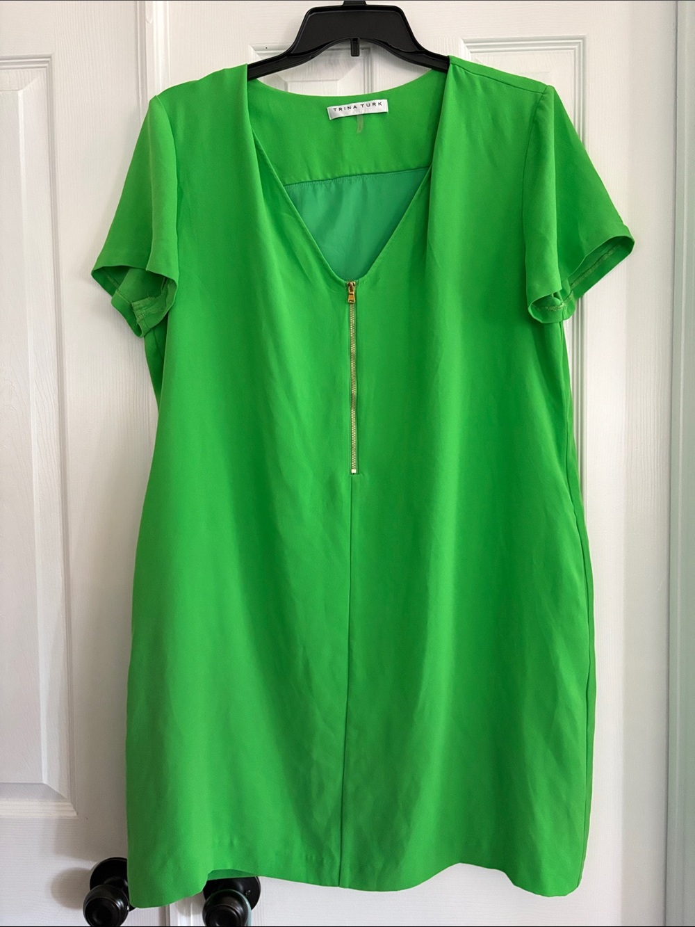 Trina Turk Bright Lime Green V-Neck Gold 1/4 Zip Shift Dress Womens Plus Size 1X